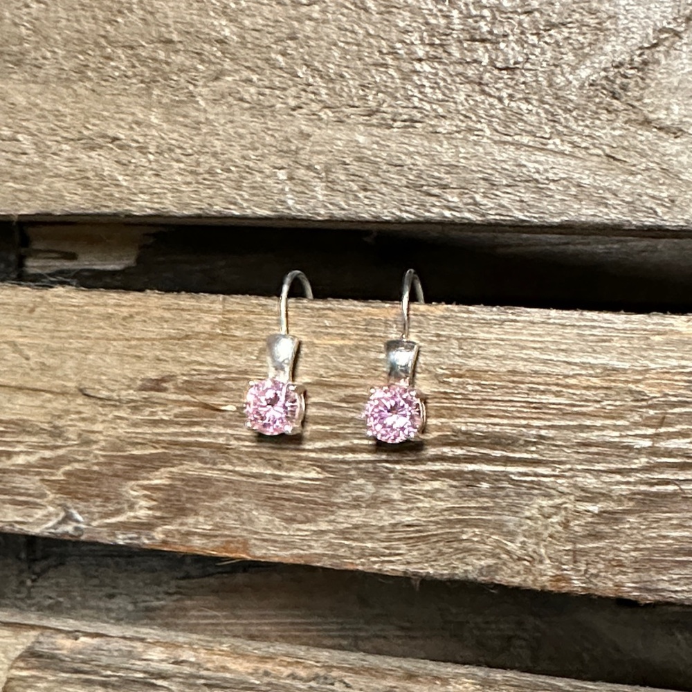 925 sterling silver great shape pink cz crystal solid wire dangle stamp earrings